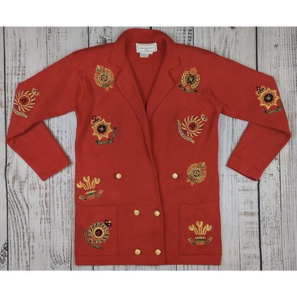 Vtg Crest All Over Embroidered Blazer Jacket Double Breast Grandma Cardigan Sz S - Picture 2 of 6